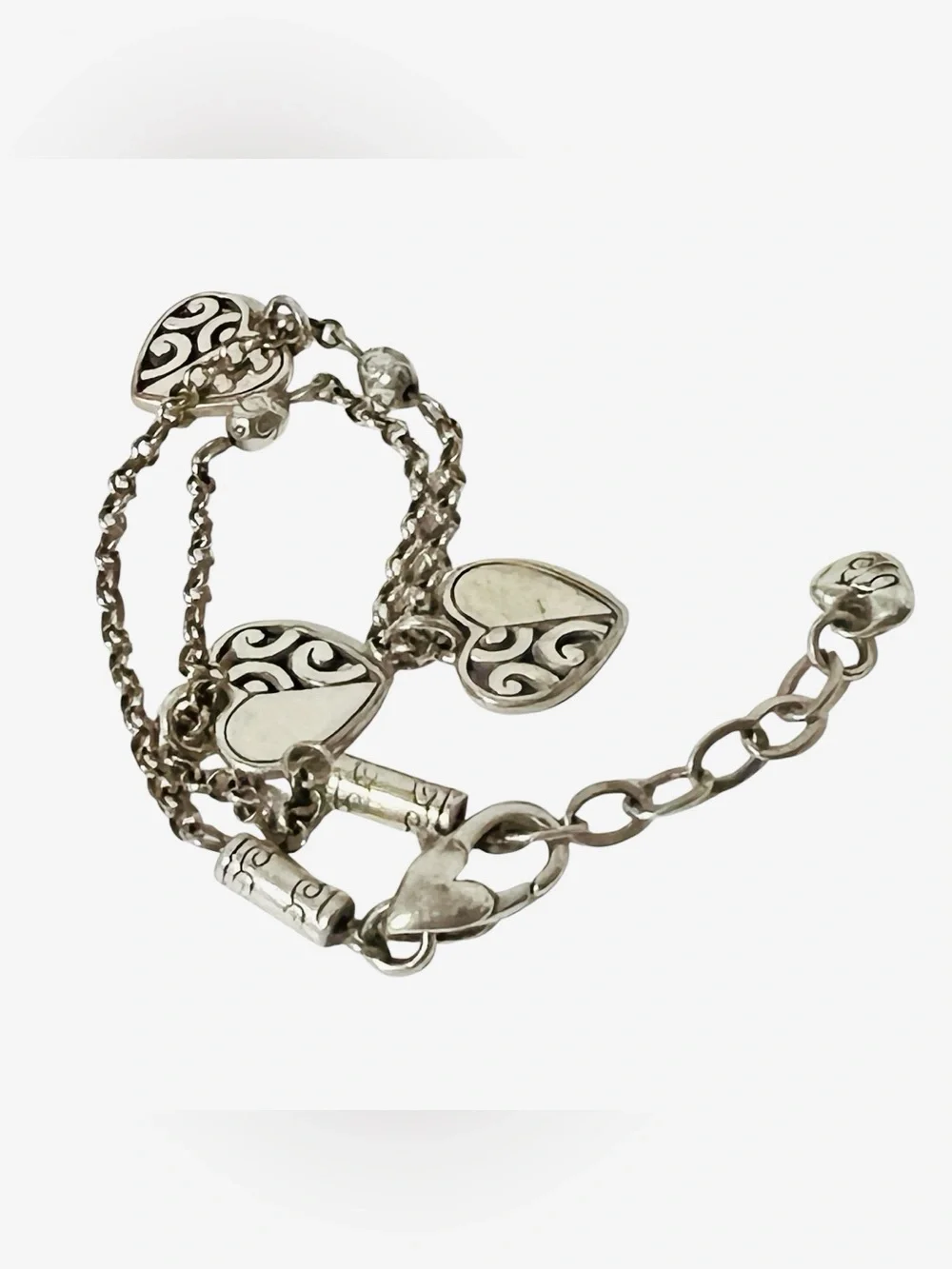 Brighton Filigree Heart Anklet Silvertone Cable Chain Scrollwork Heart Charms - Picture 1 of 6